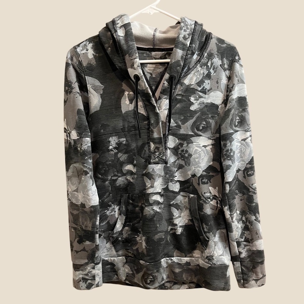 The North Face Hoodie Womens Small Gray Floral Striped Pullover V-Neck Pocket